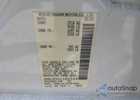 2020 Nissan Altima Sr Vc-Turbo Fwd from USA, damaged, VIN 1N4AL4CV2LC182514